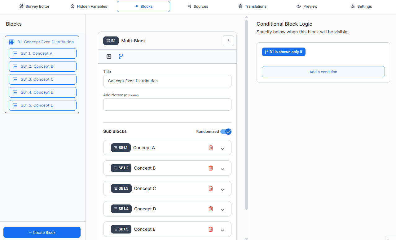 Survey authoring interface showing no-code setup and advanced question configuration