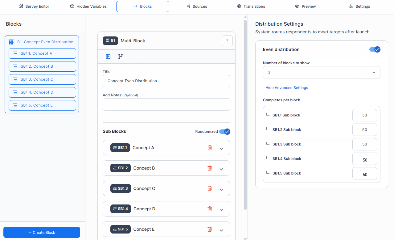 Survey authoring interface showing no-code setup and advanced question configuration