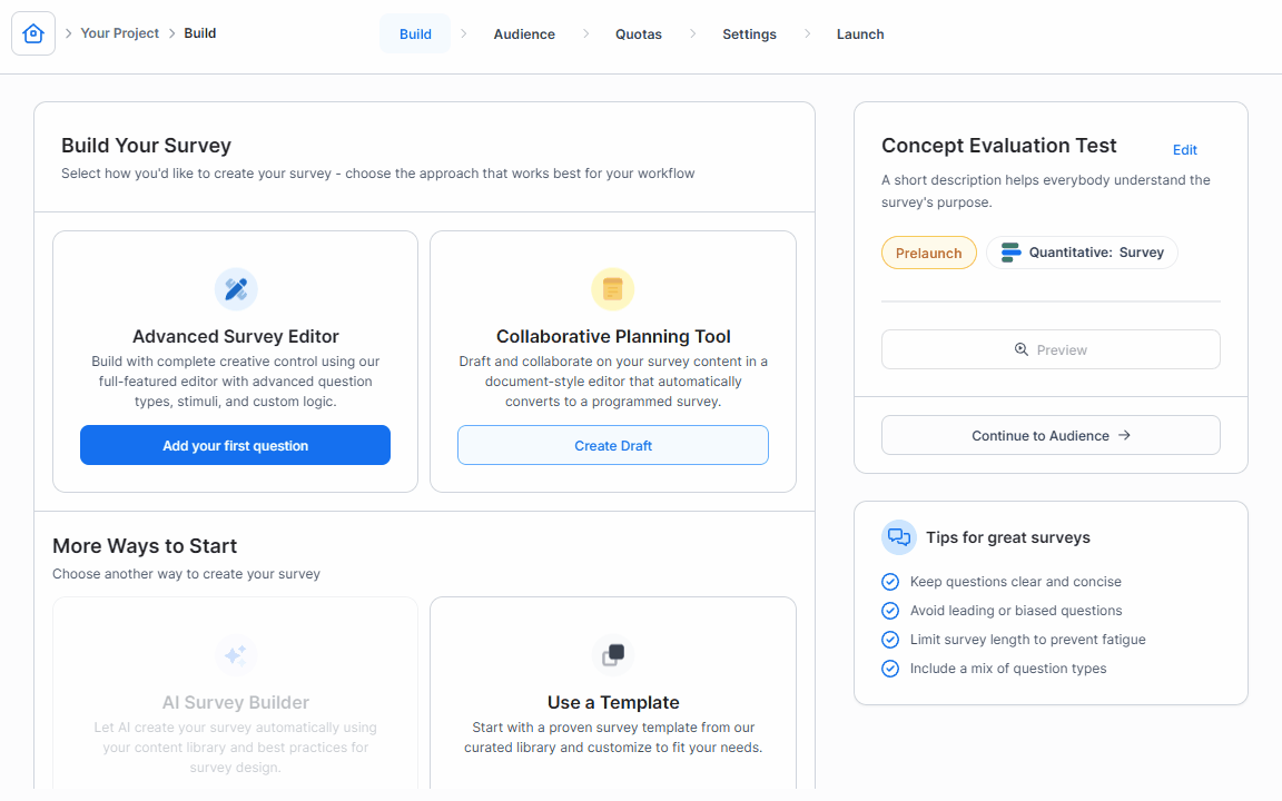 Survey build start screen showing editor options and project setup status