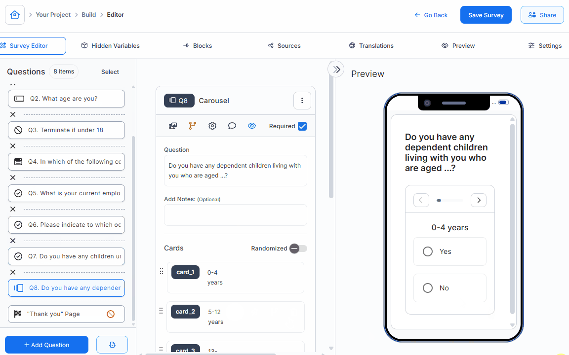 Survey editor showing a question list, selected question settings, and a mobile preview