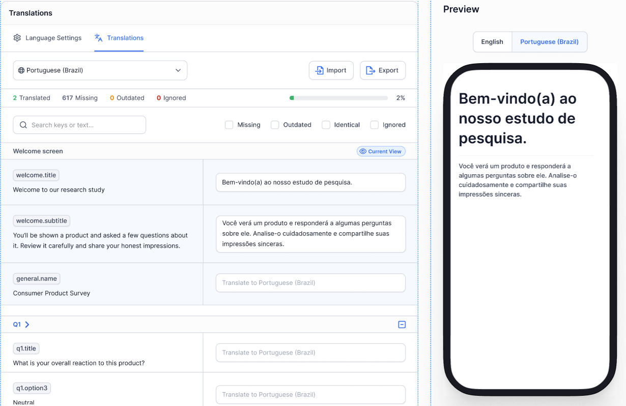 Translation review interface showing source text, translated text, and respondent preview